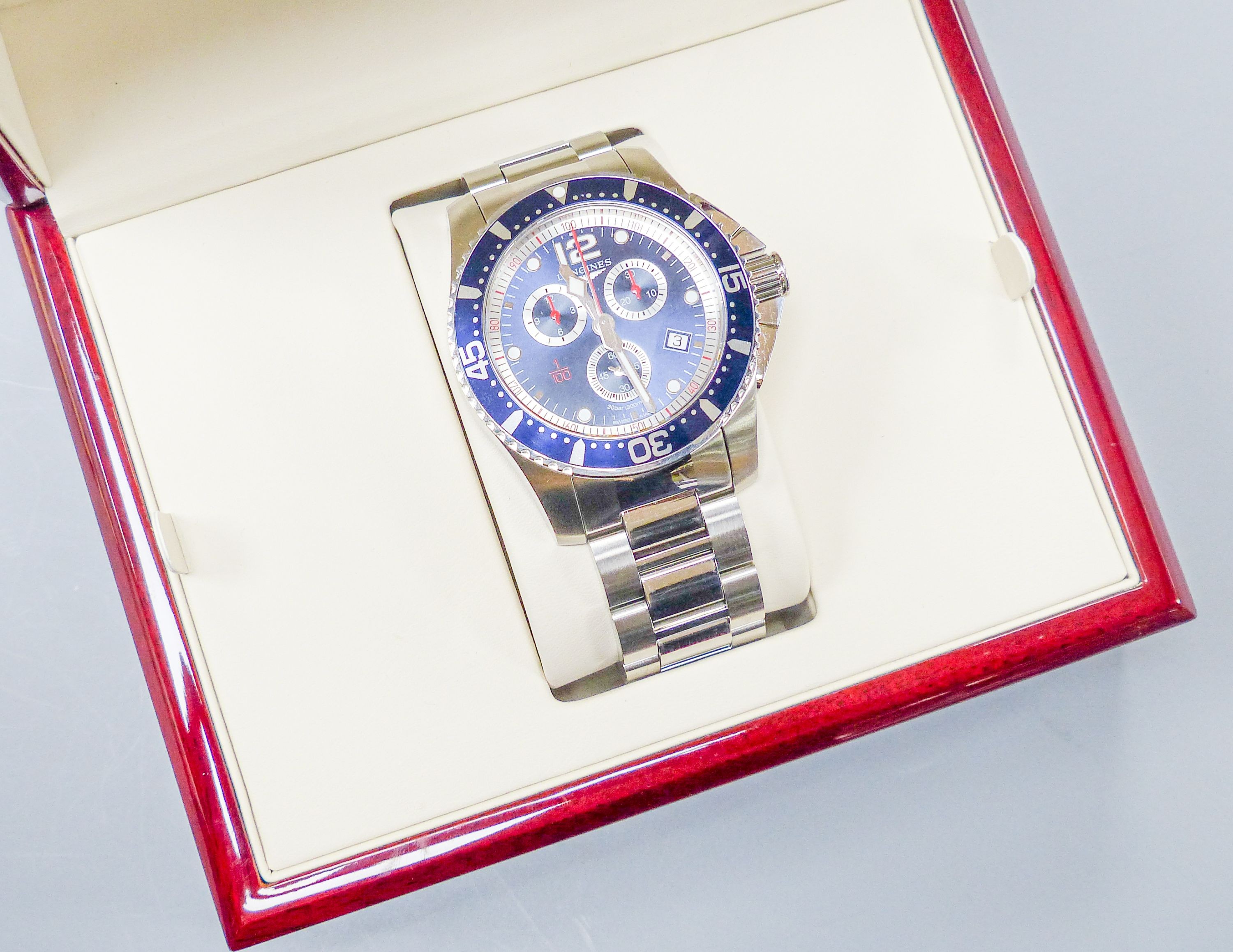 A gentleman's modern stainless steel Longines Hydro Conquest chronograph quartz wrist watch, case diameter 47mm, with box.